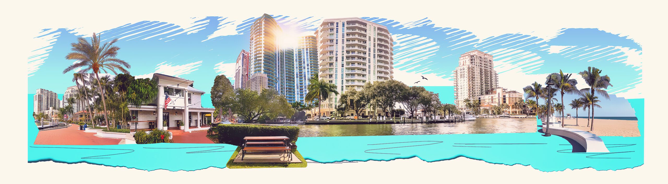Cityscape of Ft. Lauderdale, Florida showing the beach, yachts and condominiums - art collage or design