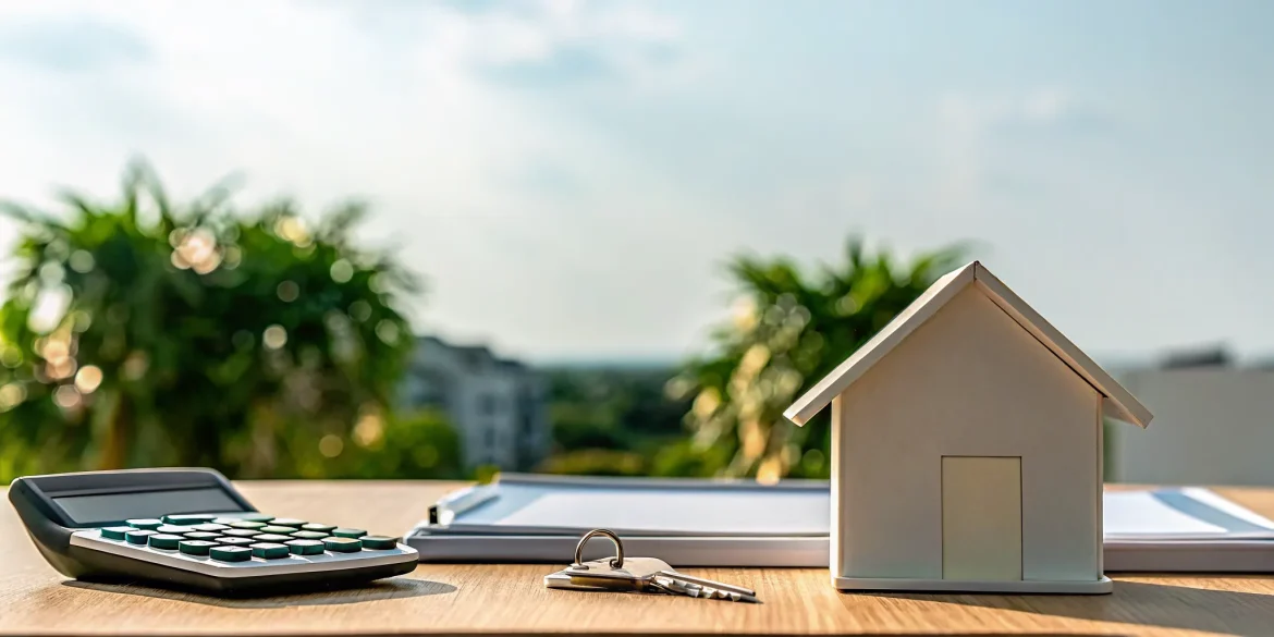 A cash out refinance calculator sits with a house model, keys, and mortgage documents.