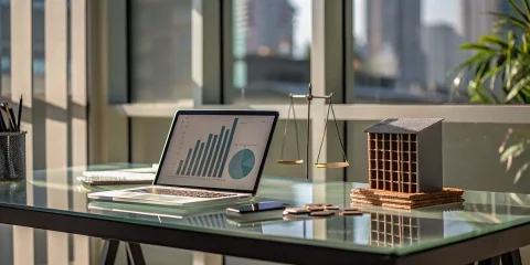 An investor's desk with a laptop showing DSCR loan rates, a property model, and a scale.