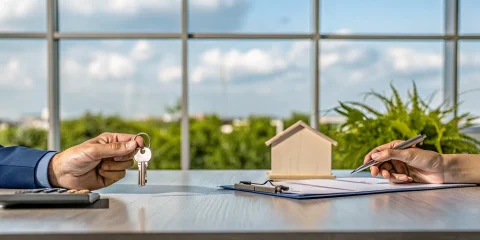 A homebuyer signs papers and gets keys after meeting FHA housing loan requirements.