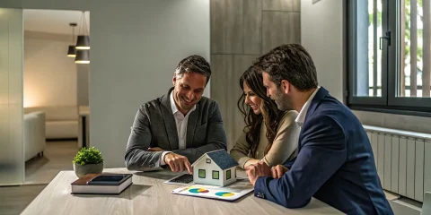 Couple discussing FHA loan options with a loan officer over a model home.