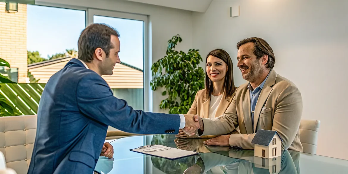 Couple shakes hands with a loan officer after their VA home loan approval.