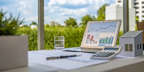 A DSCR loan calculator on a laptop screen, with a house model and charts for investment analysis.
