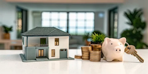 Model house with a piggy bank and coins highlighting the financial benefits of an FHA loan.
