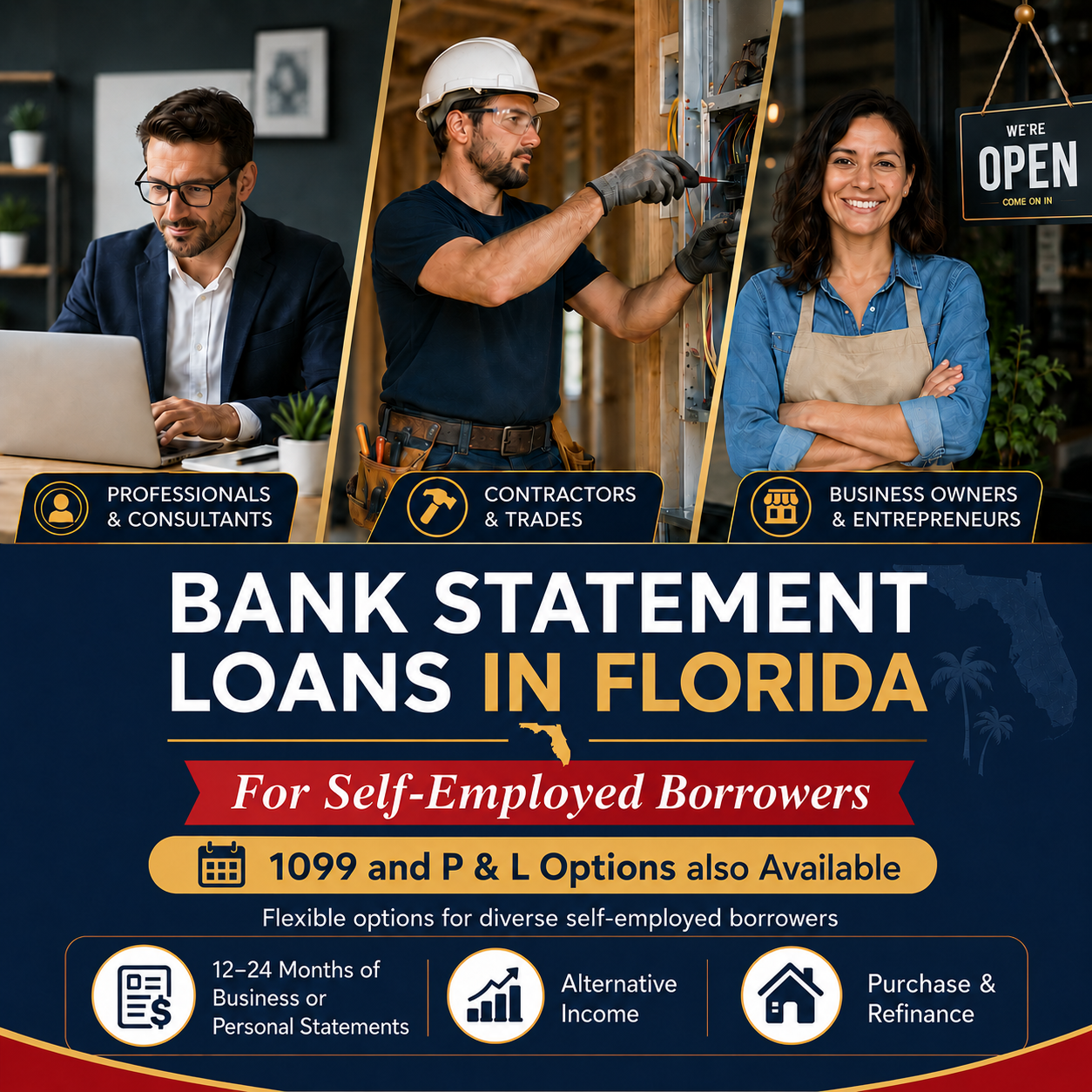Bank statement loans in Florida for self-employed borrowers, contractors, business owners, and 1099 earners