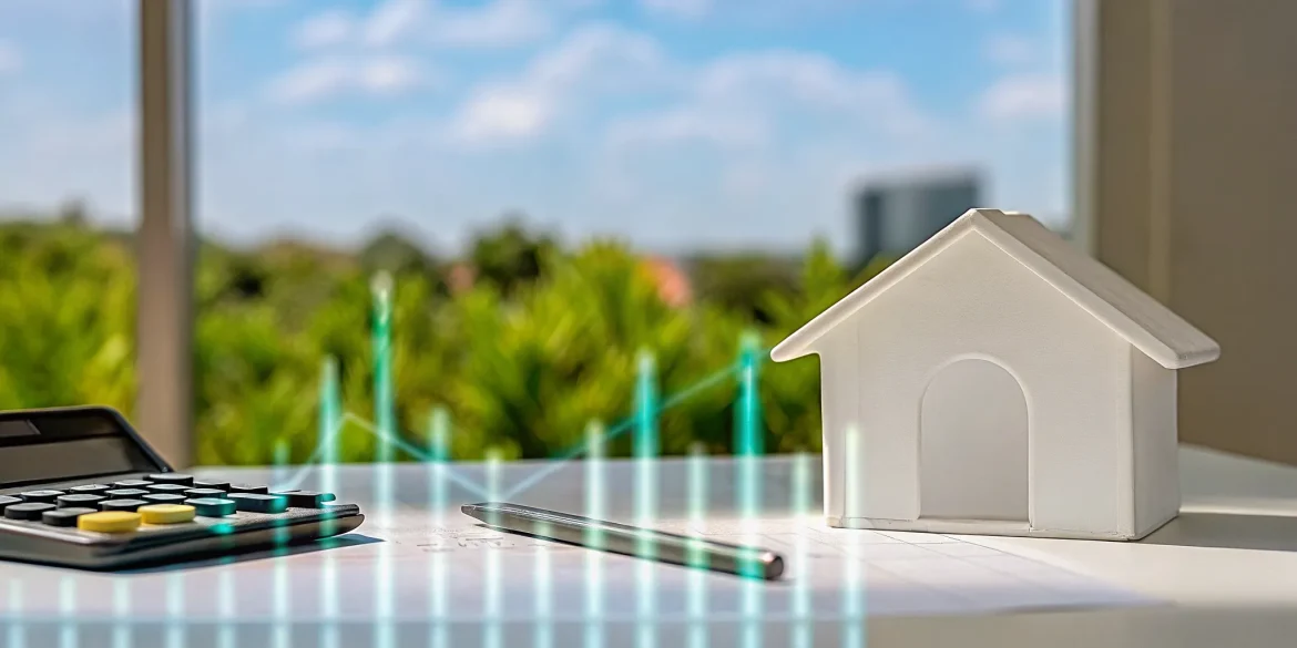 A house model and calculator on a financial graph, used to determine cash out refinance rates.