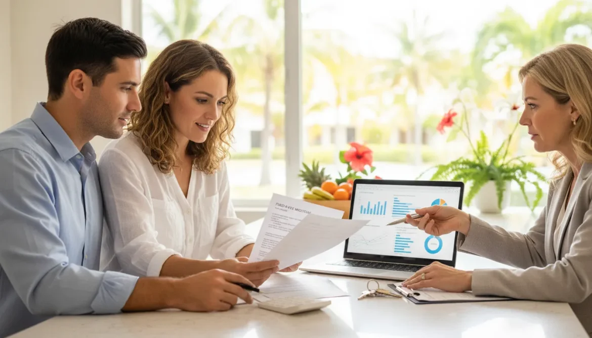Florida homebuyers reviewing FHA loan rates and mortgage paperwork at a kitchen table