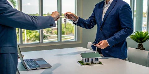 Men exchanging house keys for a no income verification mortgage in Palm Beach County.