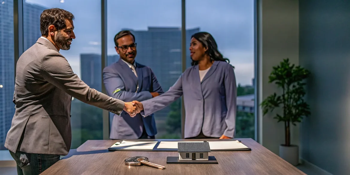 Finalizing an investment property loan for an LLC with a handshake over documents and a house model.