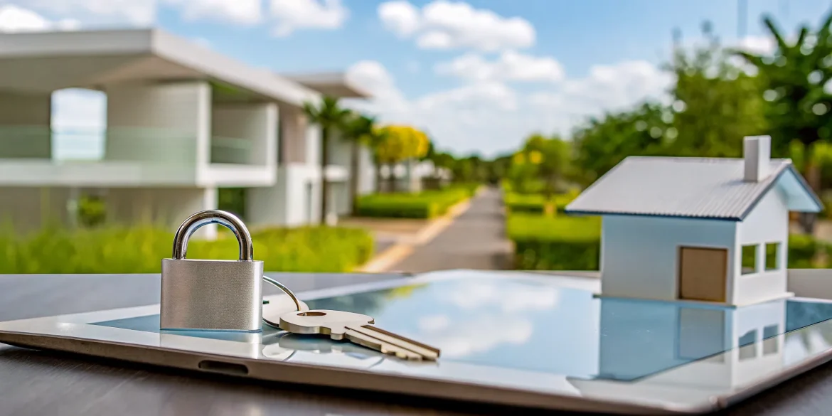 House model with a padlock and keys for 30 year fixed jumbo mortgage rates.