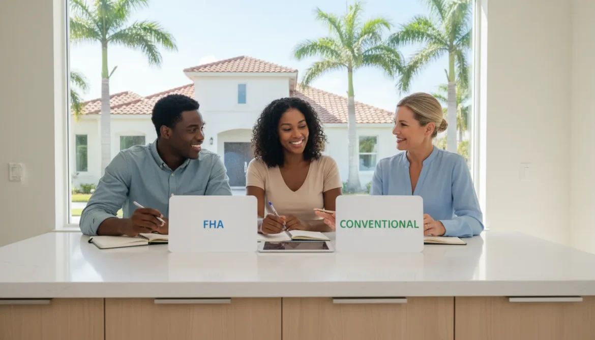 Florida buyers comparing FHA and conventional loan options with a mortgage advisor