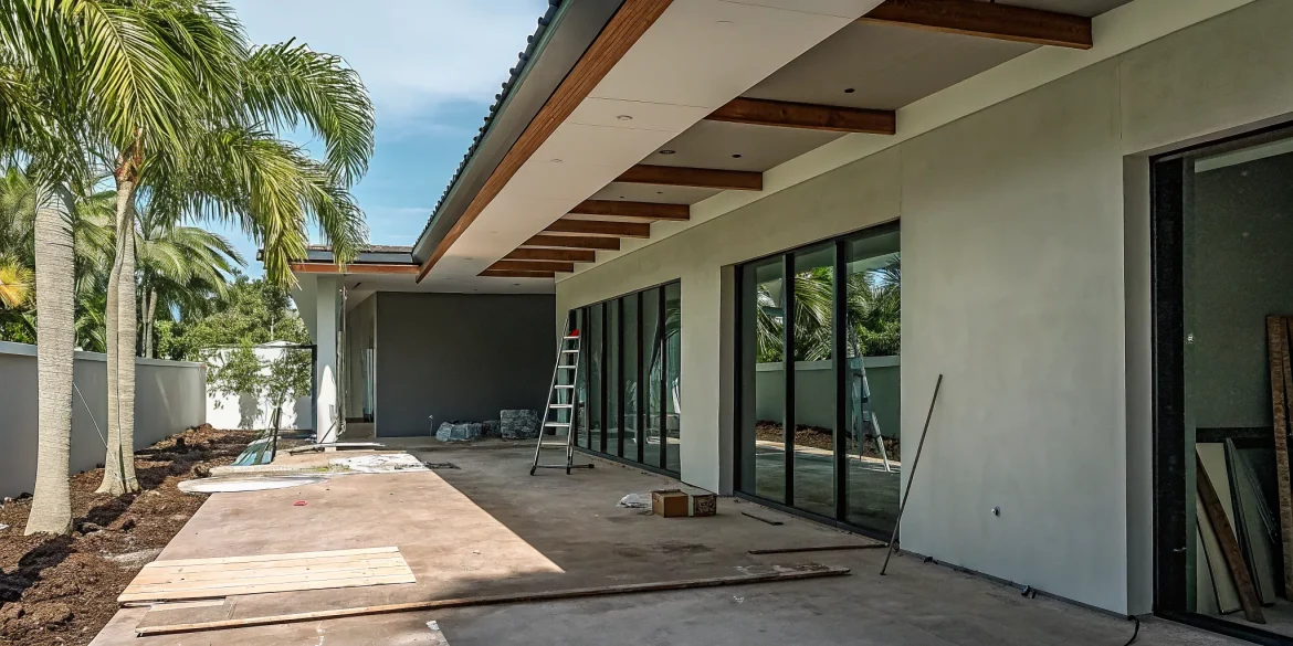 A beautiful modern Florida home under construction with palm trees and sunny blue sky
