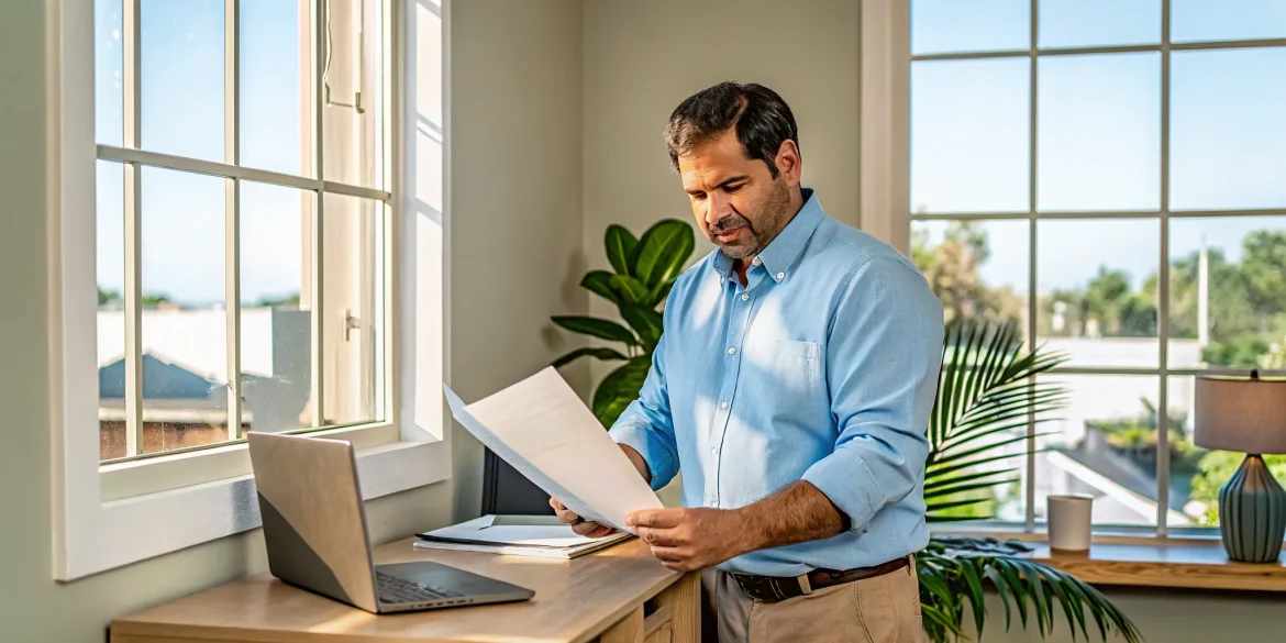 Self-employed Florida business owner reviewing mortgage documents
