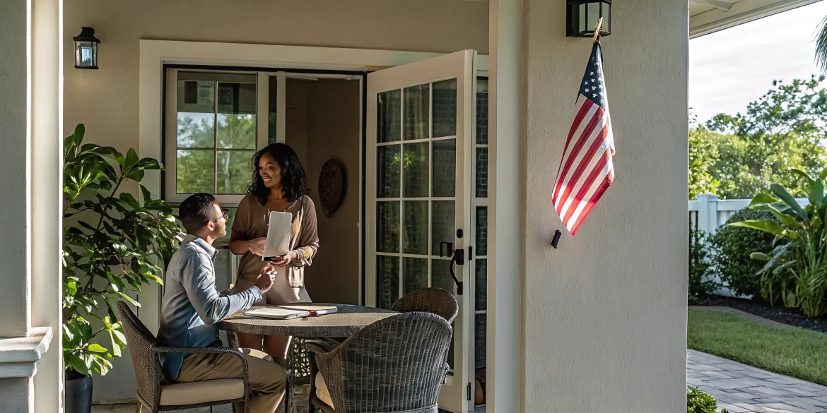 South Florida home with American flag and VA mortgage paperwork