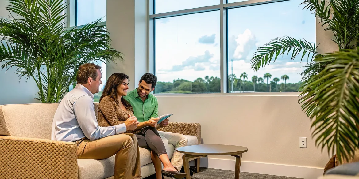 A couple meeting with a mortgage advisor in a bright office in Boca Raton, Florida with maps and palm trees