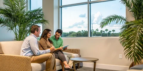A couple meeting with a mortgage advisor in a bright office in Boca Raton, Florida with maps and palm trees