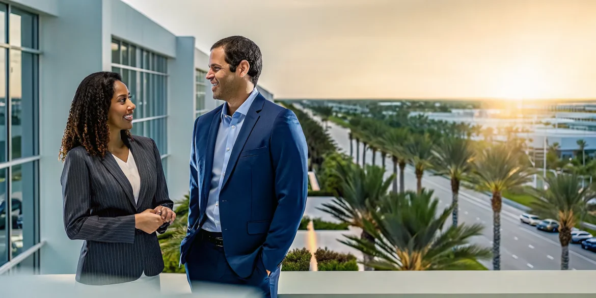 Modern commercial office building in South Florida with palm trees during golden hour