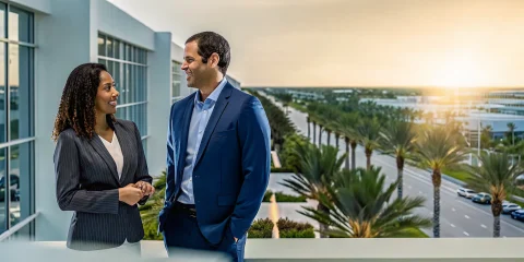 Modern commercial office building in South Florida with palm trees during golden hour
