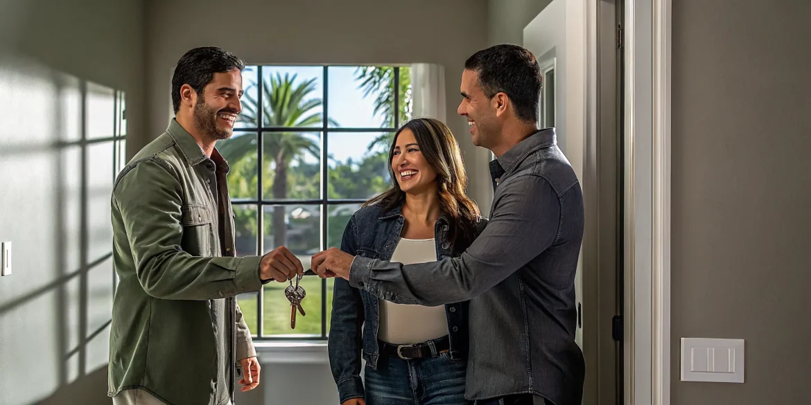 A young couple receiving keys to their first home from a mortgage professional in Florida