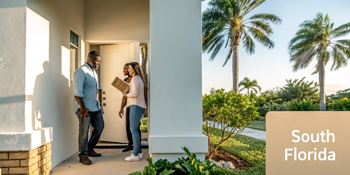 South Florida family touring a bright home with palm trees in the background
