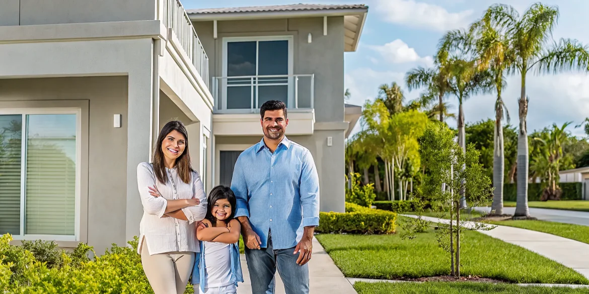 Young family in front of a modern home in a sunny Greenacres, Florida neighborhood with palm trees