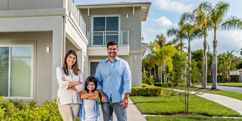 Young family in front of a modern home in a sunny Greenacres, Florida neighborhood with palm trees