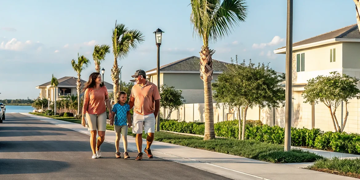 Coastal Florida neighborhood street with palm trees and residential homes under sunny sky