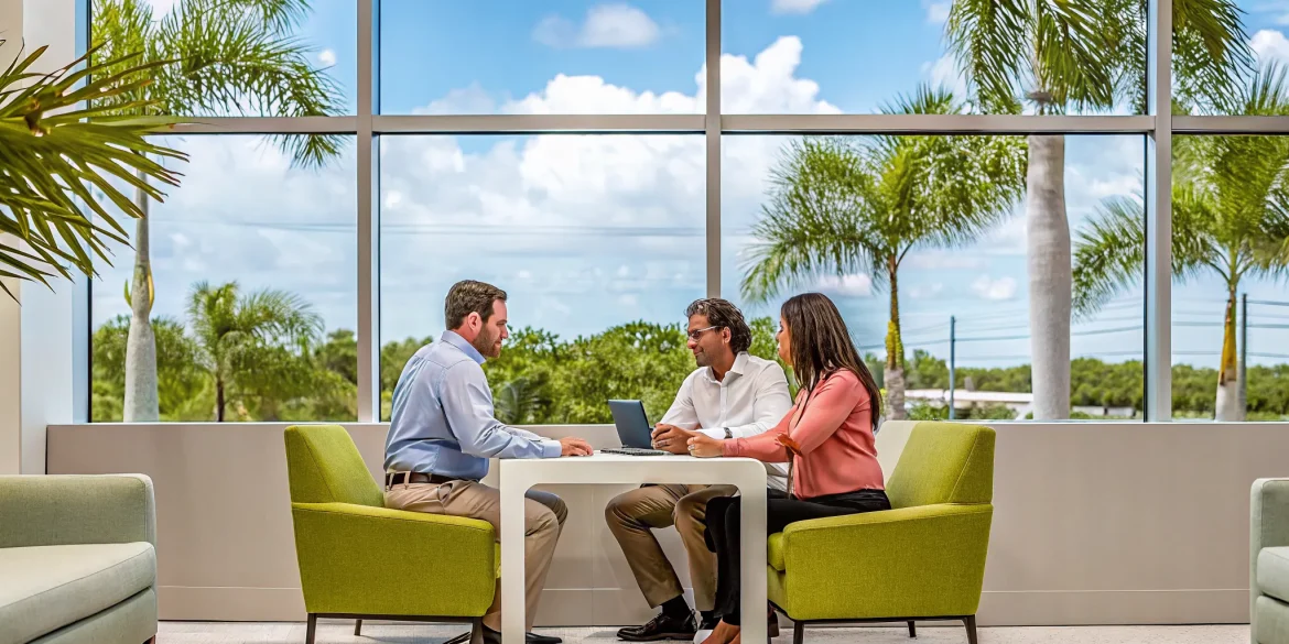 Professional mortgage advisor meeting with homebuyers in a Boca Raton office with modern decor