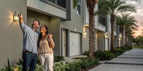 Happy couple receiving keys to their new home in a sunny South Florida neighborhood with palm trees