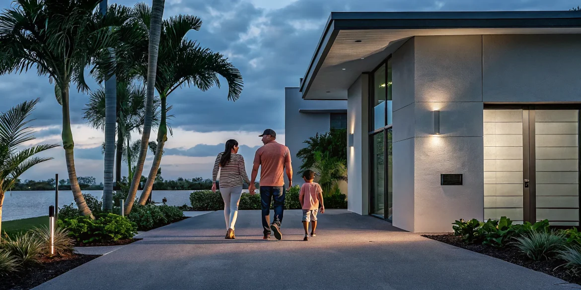 Modern waterfront home in Boynton Beach Florida with palm trees and tropical landscaping