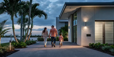 Modern waterfront home in Boynton Beach Florida with palm trees and tropical landscaping