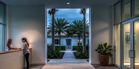 Modern mortgage office building in downtown Delray Beach Florida with palm trees and professional atmosphere