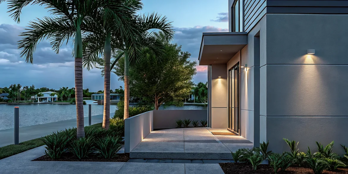 Modern waterfront home in West Palm Beach, Florida with palm trees on a sunny day