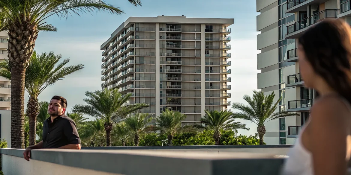 Modern luxury South Florida high-rise condominium under a clear blue sky with palm trees