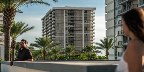 Modern luxury South Florida high-rise condominium under a clear blue sky with palm trees
