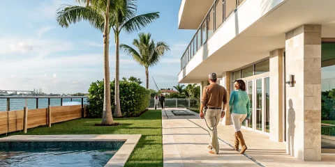 Luxury waterfront home in Palm Beach County with swimming pool and palm trees