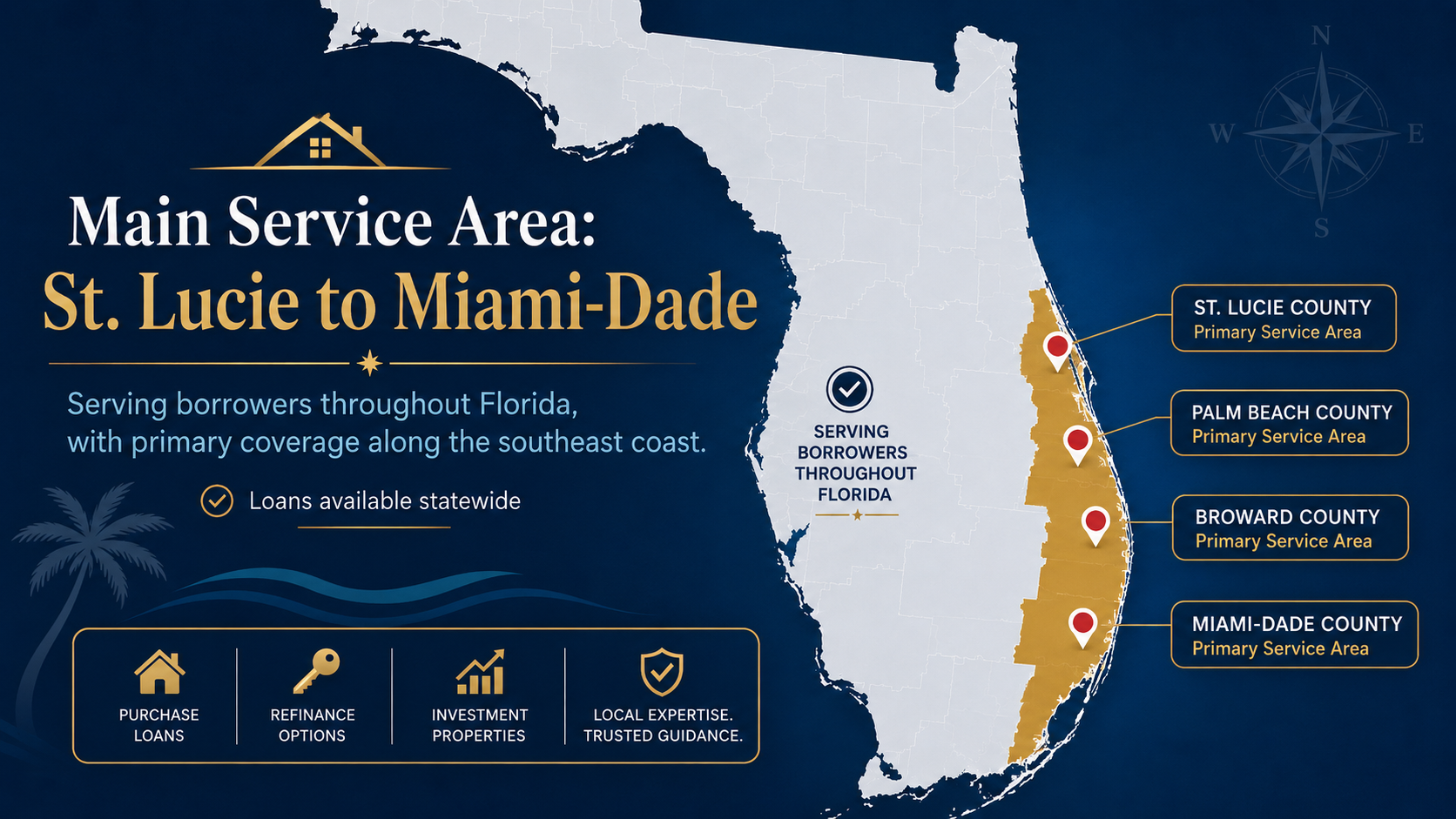 Florida mortgage service area map showing primary coverage from St. Lucie County through Palm Beach County, Broward County, and Miami-Dade County with statewide lending available