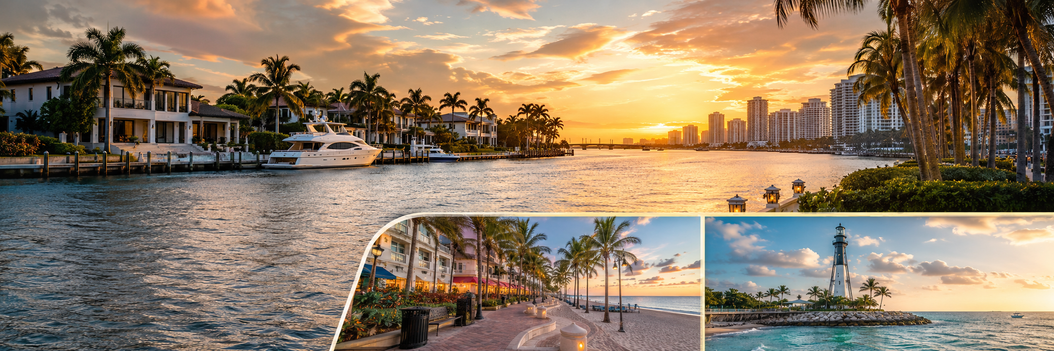Broward County Florida waterfront, Fort Lauderdale skyline, Hollywood Beach and coastal landmarks