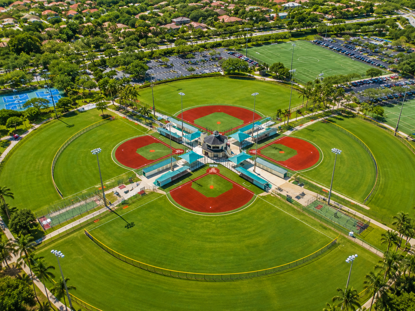 Aerial view of Coral Springs baseball fields soccer fields basketball courts and surrounding neighborhoods