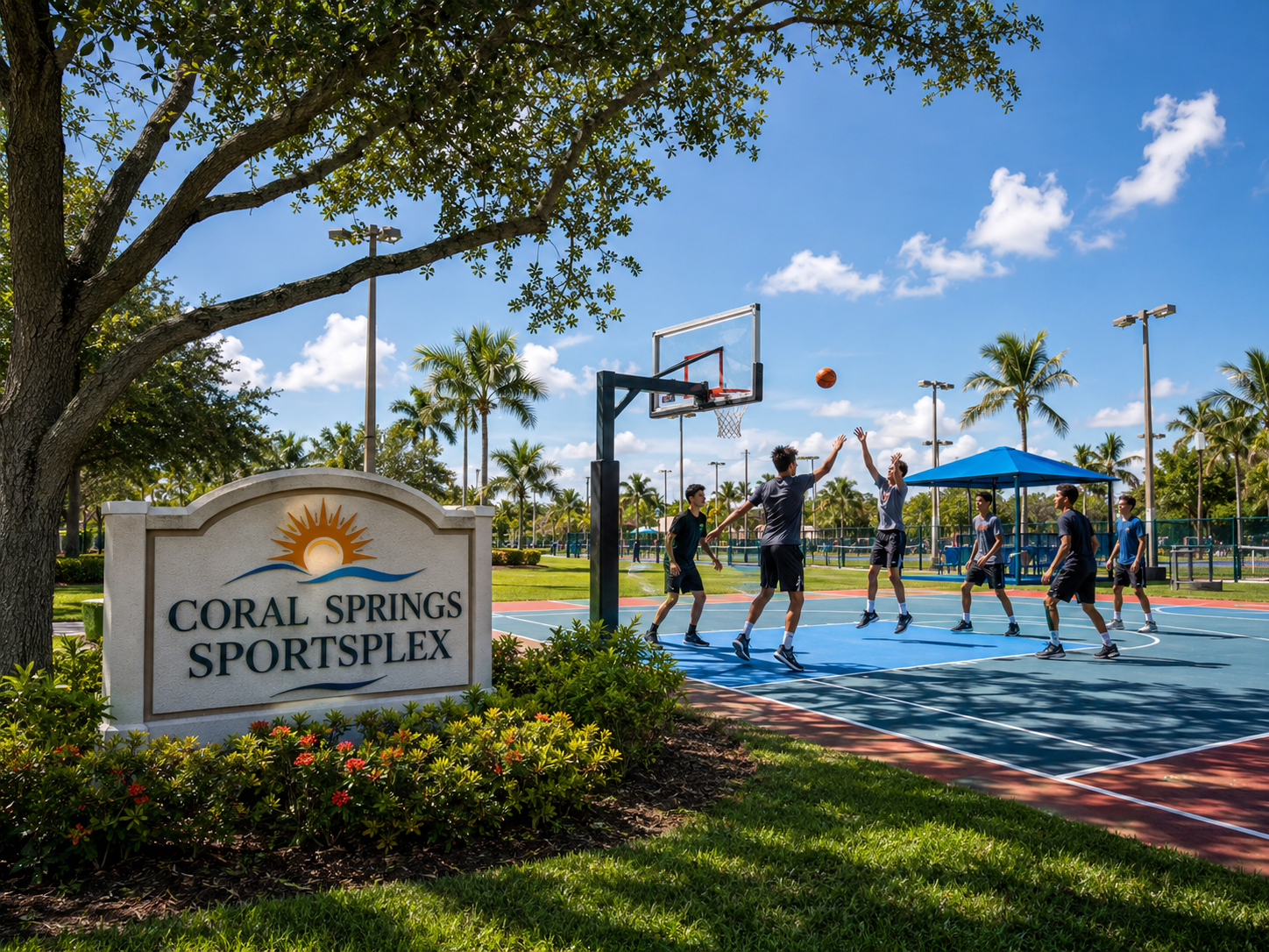 Basketball players competing at outdoor Coral Springs recreation courts