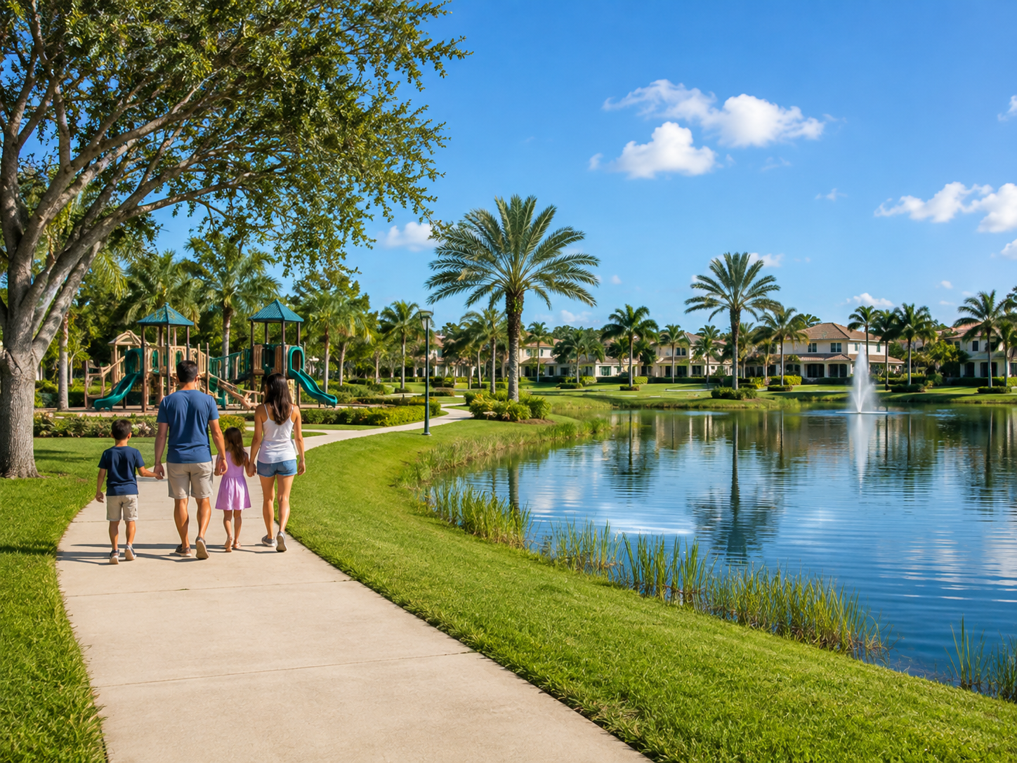 Family walking through a landscaped Coral Springs neighborhood with lake park and homes