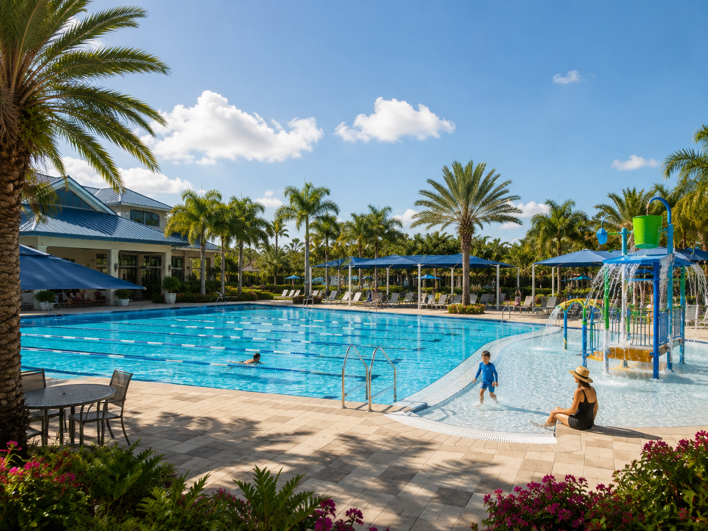 Coral Springs aquatic recreation pool with palm trees lap lanes and family swimming area