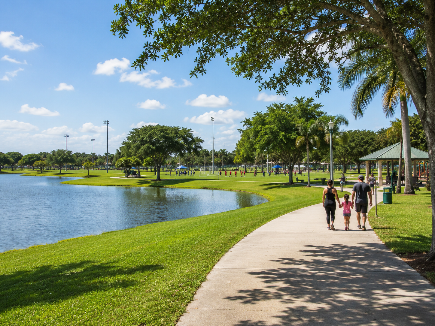 Greenacres Freedom Park style lake, walking path, soccer fields and family recreation