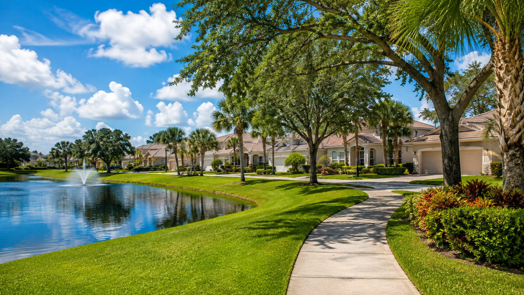 Greenacres Florida residential neighborhood with homes, lake, mature trees and walking path