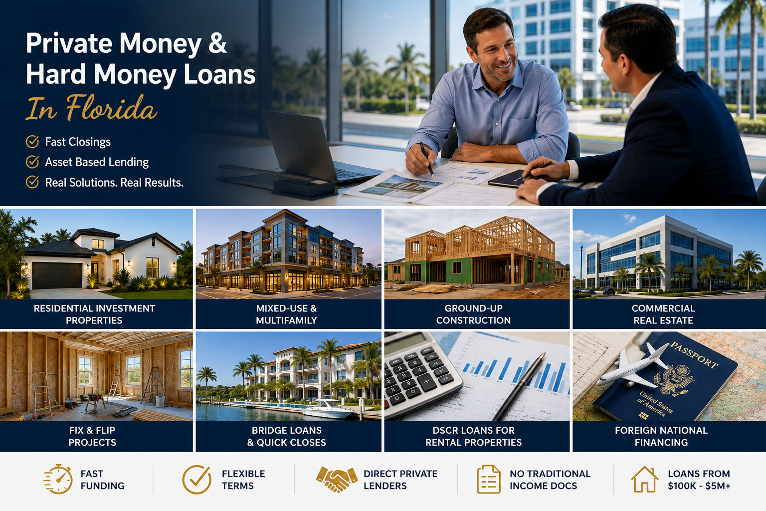 Private money and hard money loans in Florida for real estate investors, bridge loans, construction and commercial properties