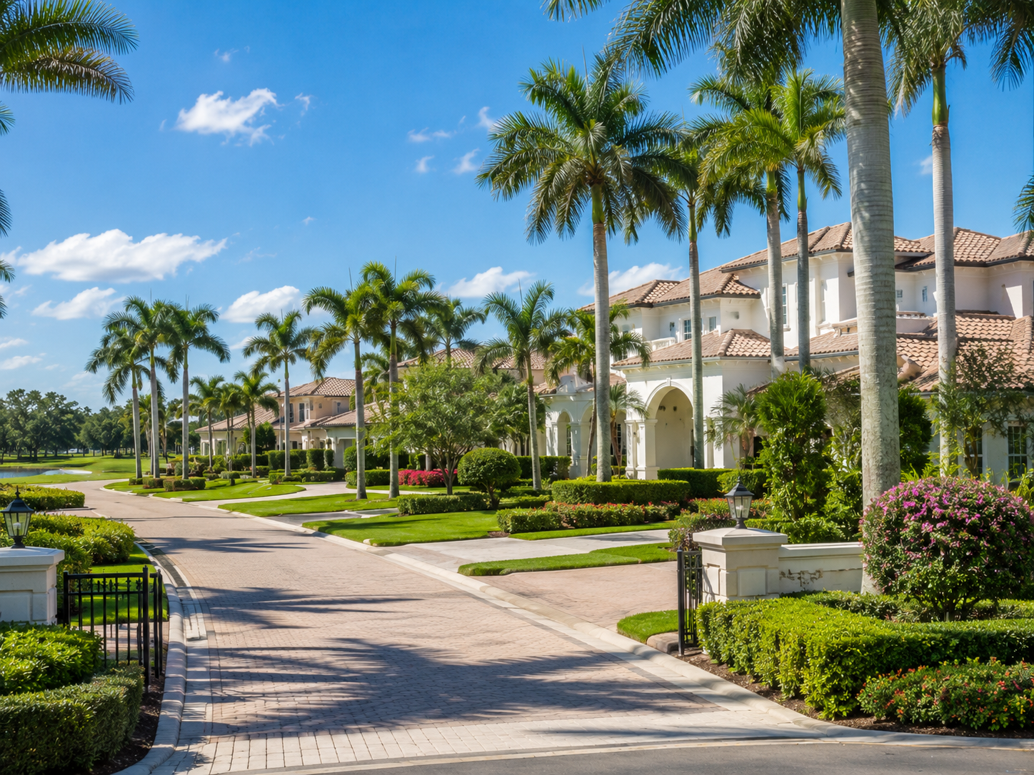 Affluent gated Jupiter community with luxury homes palm trees and landscaped streets