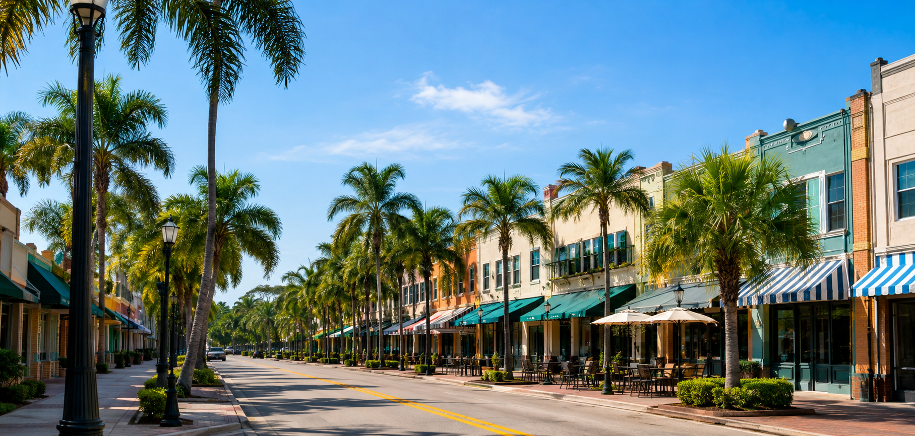 Downtown Lake Park Florida shops businesses and palm lined streets