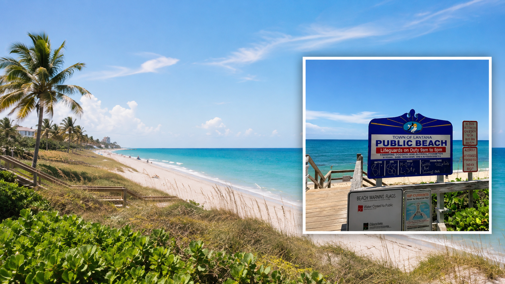 Lantana Public Beach, Atlantic Ocean, coastal dunes and Town of Lantana beach entrance