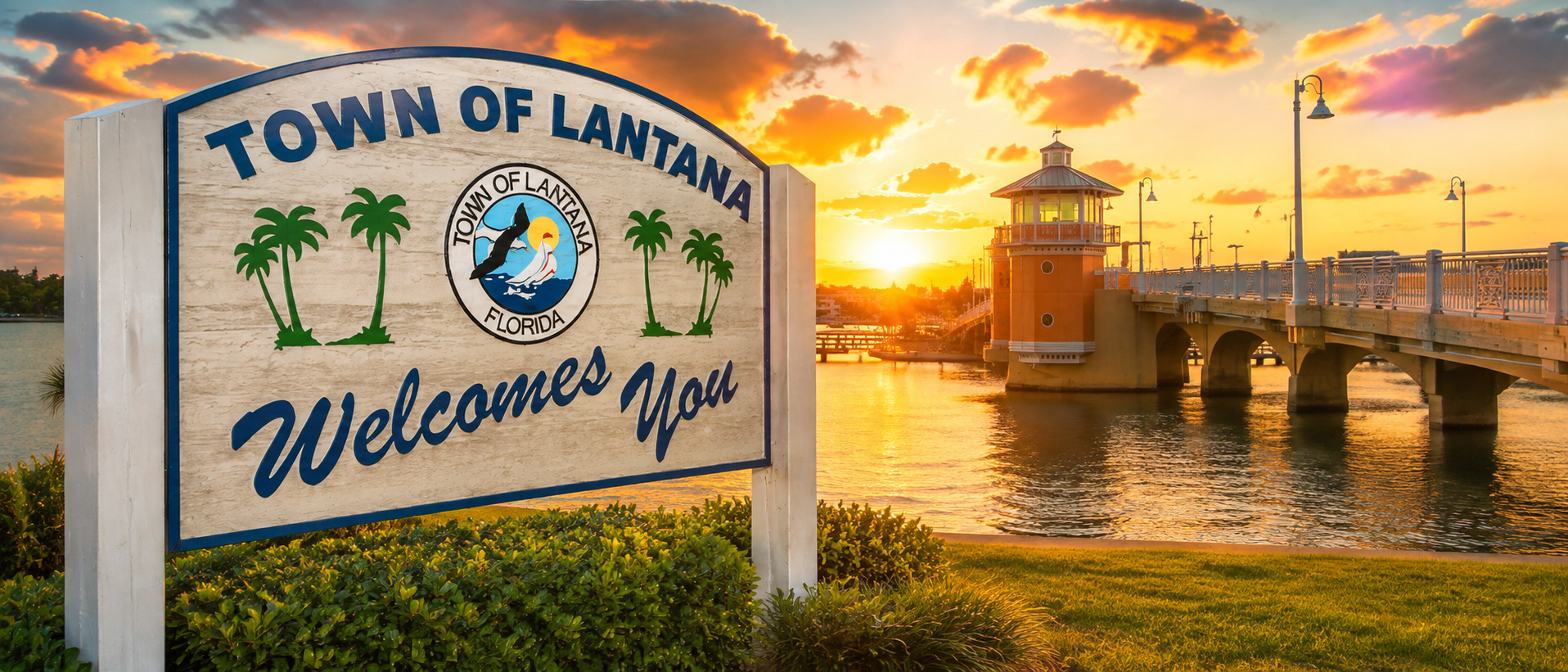 Town of Lantana Florida sign with Lantana bridge and Intracoastal waterfront