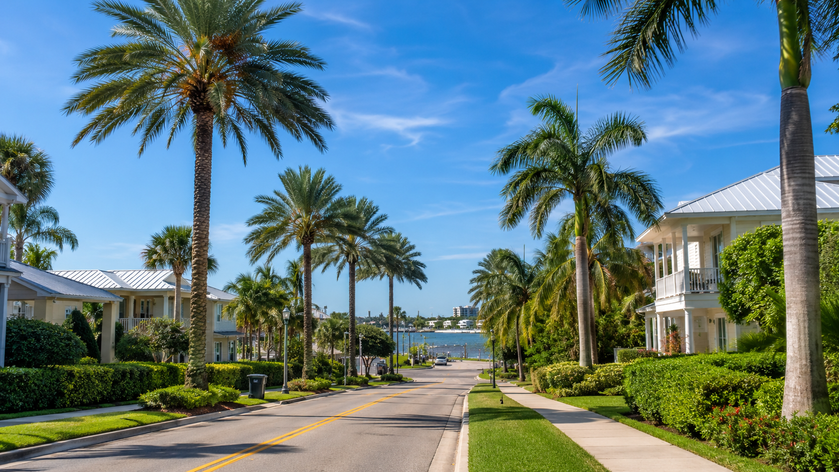 Palm-lined Lantana street leading toward the Intracoastal Waterway